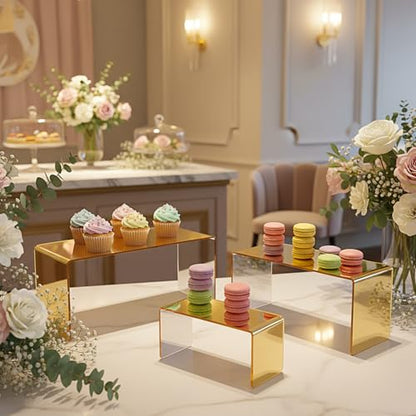 Chuangdi 2 Sets Acrylic Display Risers, Product Stand, Jewelry Display Riser Shelf Showcase Fixtures for Dessert Cupcake Candy Figure Treat Action Showcase (Gold,Large Set) - color: Gold, size: Large Set