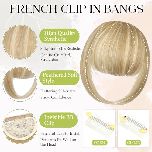 Bangs Hair Clip in Bangs, French Light Blonde Mix Bleach Blonde Fake Bangs Hair Clip on Bangs for Women Fringe with Temples Hairpieces Faux Bangs for Daily Wear - color: Light Blonde Mix Bleach Blonde