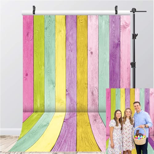 XCKALI Colorful Wood Photography Background Colorful Rustic Wooden Texture Easter Backdrop Party Decor Photo Props (5x7ft) - size: 5x7ft
