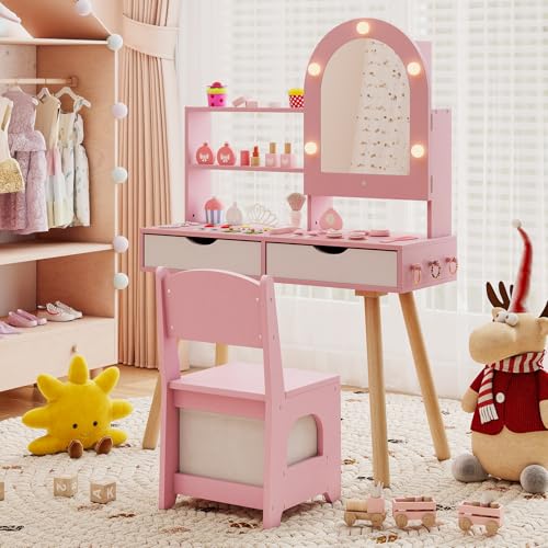 Costzon Kids Vanity with Lights, Girls Vanity Set with Mirror Cabinet, Storage Drawers, Hooks & Shelves, Toddler Makeup Vanity Desk Dressing Table, Wooden Kids Vanity Table and Chair Set (Pink) - style: Pink with Mirror Cabinet