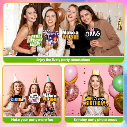 Beeveer 24 Pcs Birthday Photo Booth Props Single Sided 9" Photo Booth Props Birthday Parties Decorations Set DIY Water Proof Selfie Signs PVC Printing for Party Businesses - style: Birthday