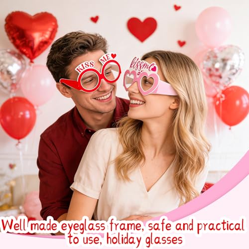 Valentine's Day Paper Glasses Eyewear - 6Pcs Pink Red Heart I Love You Eyeglasses Photo Props, Romantic Party Favors Eyewear for Couples, Galentine's & Date Night - color: Pink Red