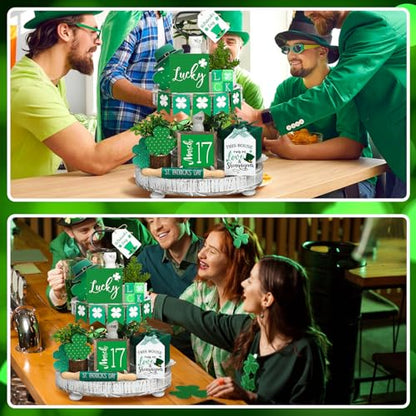 Beeveer 15 Pcs St. Patrick's Day Tiered Tray Decor Set Shamrock Gnome Wooden Sign Rustic Irish Themed Table Centerpiece Tabletop for Home Office Kitchen(Shamrock) - style: Shamrock