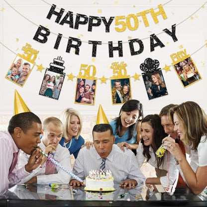 Guiruiy Black Gold 50th Birthday Decorations for Men Women, Pre-strung Glitter Happy 50th Birthday Hanging Photo Banner Party Supplies, Cheers to 50 Years Old Bday Banners - style: Black Gold 50th