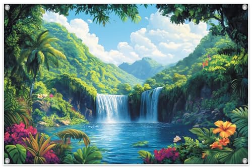 6x3.6ft Fabric Rainforest Falls VBS 2026 Decorations Backdrop Emerald VBS Summer Jungle Forest Rainbow Floral Background for Spring Outdoor Safari Birthday Party Decor Banner Photo Props - color: Verdant, size: 6x3.6ft