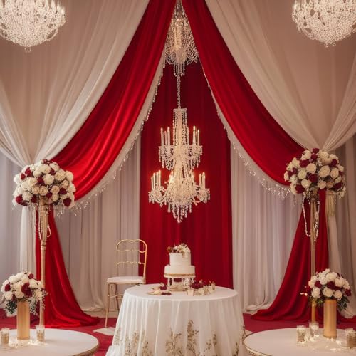 DUOBAO Chiffon Ceiling Drapes 20ft Red Wedding Backdrops 4 Panels 5×20ft Sheer Backdrop Curtains for Reception Wedding Ceremony Dark Red Sheer Arch Drapes Fabric Event Party Supplies - color: Red, size: 60"W x 240"L (Pack of 4)