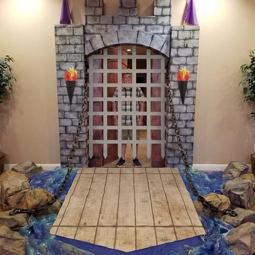 Frienda 105 Pcs Medieval Party Decorations Kit 5.9x6.6 ft Medieval Castle Backdrop Prison Fence Door Cover Fence Rug with 2 Torch Props 100 Paper Chain Brick Stone Fort for Knight Castle Photo Props - style: Medieval