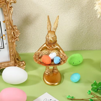 Garneck Gold Bunny Statue Decor: Retro Rabbit Figurine with Oval Plate Jewelry Trinket Dish Ring Tray for Earrings Necklace Bracelet Keys Desktop Nightstand Easter Home