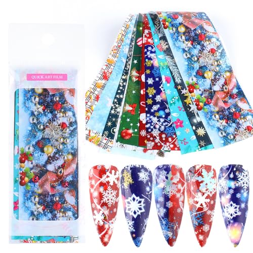 Christmas Nail Foil Transfer Stickers 10 Sheets Xmas Nail Art Stickers Decals Winter Santa Claus Snowflake Bells Nail Decals Supplies for Women Christmas Manicure Nail Film Decorations - style: Christmas