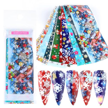 Christmas Nail Foil Transfer Stickers 10 Sheets Xmas Nail Art Stickers Decals Winter Santa Claus Snowflake Bells Nail Decals Supplies for Women Christmas Manicure Nail Film Decorations - style: Christmas
