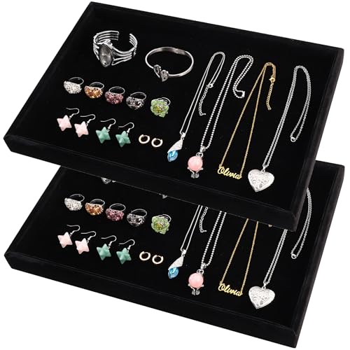 2 Pcs 13.8" x 9.5" Velvet Jewelry Tray Jewelry Display Tray, Stackable Empty Plate Trays for Earrings Necklaces Bracelet Rings Display Showcase - Black - color: Black, size: Flat Tray 13.8"x9.5"