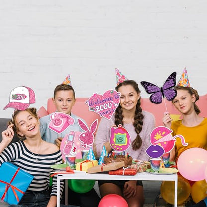 Y2K & 2000s Party Decorations Photo Booth Props Kit, Pink & Purple, Cardboard & Bamboo, 16 Themed Props, Y2K & 2000s Birthday Party Favors & Supplies