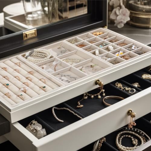 Highergo 8 Pcs Velvet Jewelry Trays Stackable Drawers Organizer Ring Earring Bracelet Necklace Storage Trays, 8.3x4.7x1''(Mixed Style) - style: Mixed Style