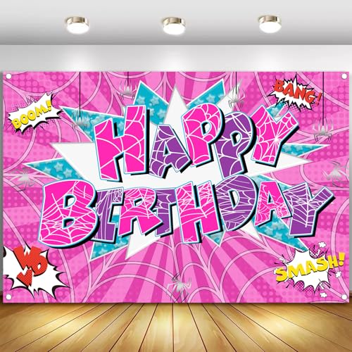 5x3ft Pink Spider Theme Backdrop Cartoon Photography Background Kids Boys Girls Birthday Party Decorations Photo Booth Banner Props - color: Pink-Spider