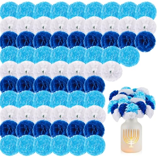 Syhood 50 Pcs Marigold Flower Bulk Blue and White Flower Artificiales para Decoracion Home Decor for Backdrop Party with Stems DIY Marigold Garland(2.4 Inch, Blue, White) - color: Blue, White