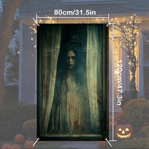 Nuxovilar Halloween Window Decorations, Bloody - Gown Ghost Peeking Through Curtained Halloween Window Cover for Indoor, Party, Haunted House, 31.5x47.3 Inches - color: LU90008