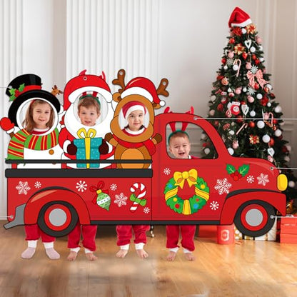 Large 75 Inch Christmas Red Truck Photo Prop Selfie Frame Christmas Party Decorations Large Fabric Red Truck Backdrop Reindeer Santa Claus Snowman Photo Booth Frame for Winter Xmas Holiday Party Decor