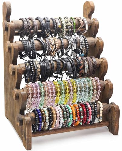 5-Tier Wooden Bracelet Holder – Portable Jewelry Display Stand for 120-150 Bangles & Scrunchies – for Vendors, Retail Stores, Craft Shows & Home Storage (vintage) - color: vintage