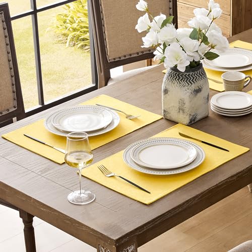 Romanstile Cloth Placemats Set of 4-12 x 18 Inch, Heat Resistant Double Layered Thickened Burlap Place Mats, Washable Faux Linen Farmhouse Table Mats for Kitchen/Dining/Party/Outdoor, Yellow - color: Lemon Yellow, size: Placemats 12" X 18", Set of 4
