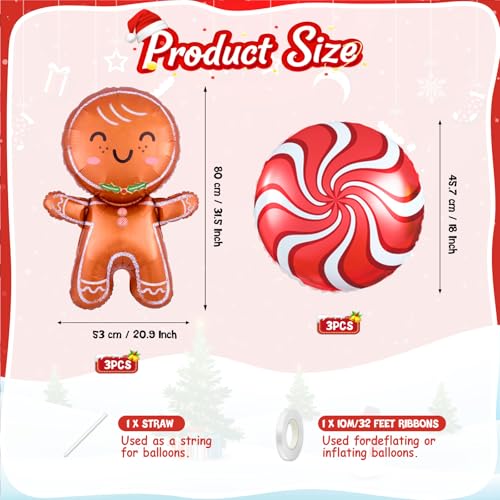 Biapian Christmas Balloons Decorations, Large Gingerbread Man Balloons Foil Red Candy Cane Balloon Helium for Merry Christmas Baby Shower Holiday Xmas New Year Birthday Party Decorations Supplies - style: Red Xmas