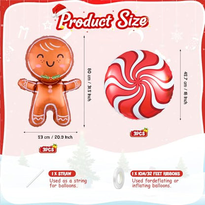 Biapian Christmas Balloons Decorations, Large Gingerbread Man Balloons Foil Red Candy Cane Balloon Helium for Merry Christmas Baby Shower Holiday Xmas New Year Birthday Party Decorations Supplies - style: Red Xmas