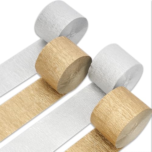 PartyWoo Metallic Gold and Silver Crepe Paper Streamers 4pcs 328ft Pack of Metallic Gold Silver Crepe Paper Streamers for Birthday Bridal Shower Engagement New Year Eve Graduation Party Decorations - color: Gold Siver-9615