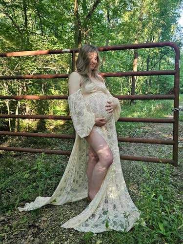 Saslax Soft Stretchy Lace Off Shoulder Doubly Split A-line Skirt Maternity Dress Pregnancy Maxi Gown for Photoshoot - color: Champagne, size: X-Large