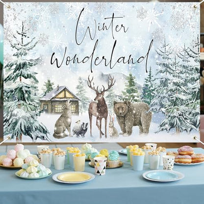 Mocsicka Winter Wonderland Backdrop Banner Reindeer Forest Winter Wonderland Baby Shower Holiday Party Decorations Photo Booth Props (7x5ft) - size: 7x5ft