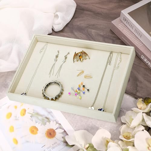 13.8" x 9.5" Velvet Jewelry Tray Jewelry Display Tray, Stackable Empty Plate Trays for Earrings Necklaces Bracelet Rings Display Showcase - Light Khaki - color: Light Khaki, size: Flat Tray 13.8"x9.5"