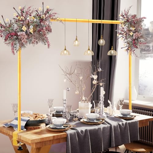 Over The Table Rod Stand with Clamps Adjustable 31-110 in Length 31-64 in Height Gold Table Balloon Arch Hanging Stand with Storage Bag for Valentines Day Wedding Birthday Party Decoration - color: Gold