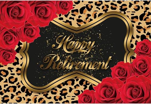 Renaiss Happy Retirement Backdrop for Photography 10x8ft Fabric Red Rose Flowers and Leopard Print Background for Woman Retirement Party Decorations Photo Backdrops - color: Retirement, size: 10Wx8H FT