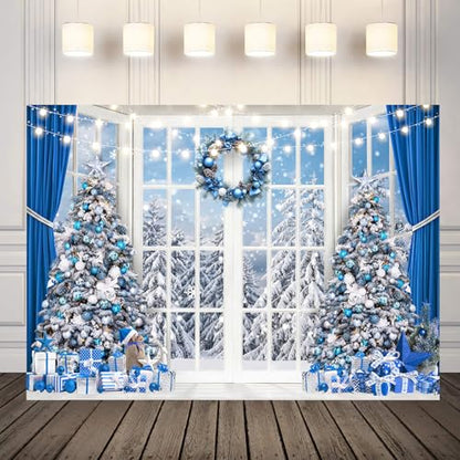 7x5ft Blue Christmas Backdrop Christmas Window Photography Background Winter Snow Xmas Tree Forest Photo Backdrop Winter Party Decoration Banner X-465 - size: 7x5ft