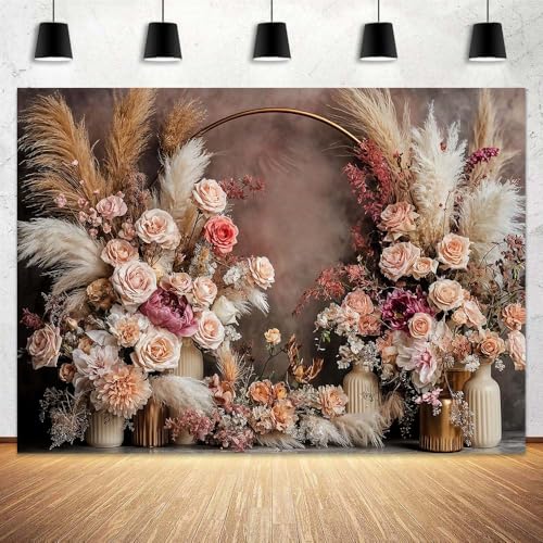 5 x 3 ft Bohemian Floral Wedding Backdrop Retro Boho Flowers Pampas Grass Curtain Photography Background Bridal Shower Anniversary Birthday Baby Shower Pregnancy Party Decoration Photo Banner - color: Purple, size: 5x3ft
