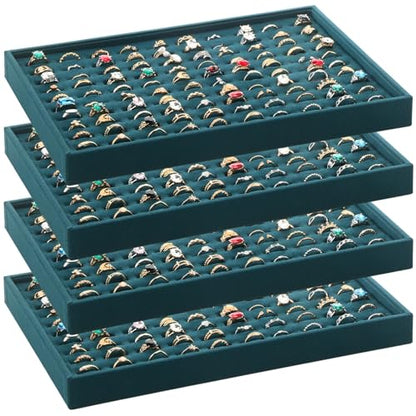 Wenqik 4 Pcs Cardboard Ring Holder with Velvet Lining, 100 Slot Inserts Stackable Ring Display Tray,13.8 x 9.4 x 1.2 inch (Dark Green) - color: Dark Green