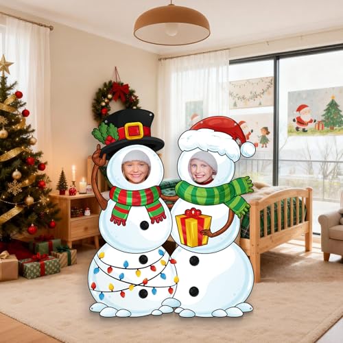 WovWeave Snowman Christmas Photo Booth Fabric Banner with Two Face Cutouts, 55" x 44" Holiday Party Decorations, Winter Backdrop, Festive Snowman Props for Christmas Party Supplies - style: Snowman