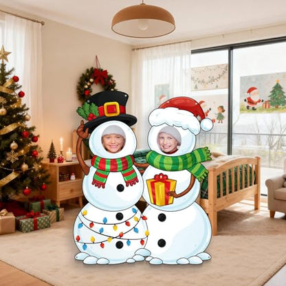 WovWeave Snowman Christmas Photo Booth Fabric Banner with Two Face Cutouts, 55" x 44" Holiday Party Decorations, Winter Backdrop, Festive Snowman Props for Christmas Party Supplies - style: Snowman