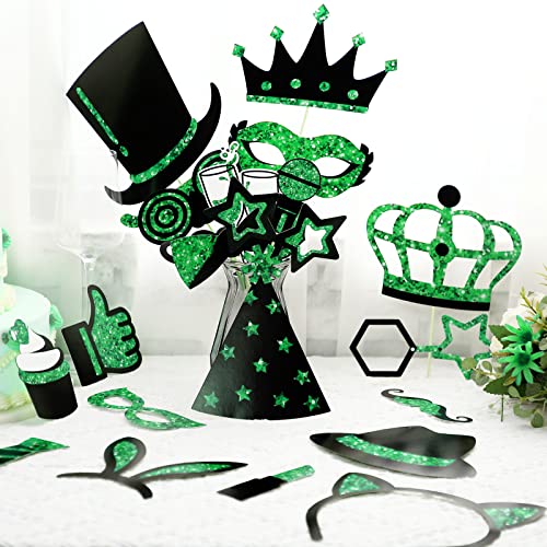 Zonon 24 Pcs Funny Photo Booth Props Class of 2026 Graduation Birthday Wedding Family Class Reunion Prom Disco Party Celebration Decoration Supplies Mix of Hats, Lipstick, Tie(Green and Black) - color: Green and Black