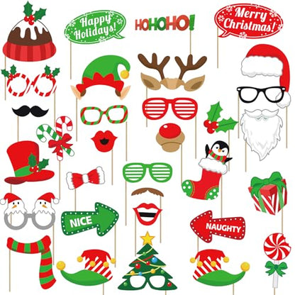 Avezano Christmas Photo Booth Props, 32Pcs Christmas Party Decorations Set Party Favors, Selfie Holiday Photo Prop for Photography, X’mas Games for Party Supplies for Adults