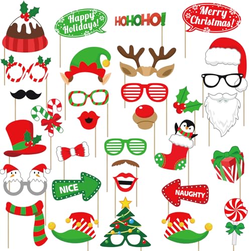 Avezano Christmas Photo Booth Props, 32Pcs Christmas Party Decorations Set Party Favors, Selfie Holiday Photo Prop for Photography, X’mas Games for Party Supplies for Adults