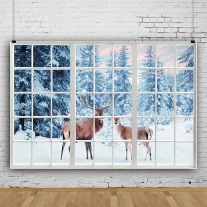 9x6ft Winter Snow Reindeer Photo Backdrop Snow Forest Window View Photography Backdrop Snow Background Photo Prop Christmas Winter Tapestry for Wall Decor - size: 9x6ft-Polyester
