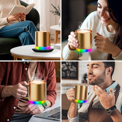 Vsitoo S6 Plus Smart Coffee Mug, 12oz,Temperature Controlled Mug & Electric Coffee Mug with Music Sync Lights，Auto-Sensing AI Heats Drinks to 120-150°F Hands-Free. Ideal for Home/Office/Gifts - Gold - color: Gold
