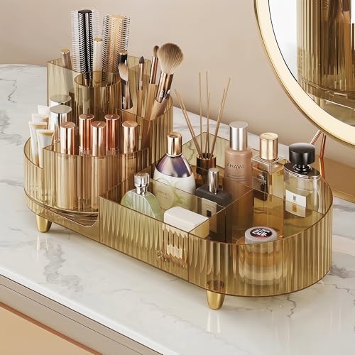 Booklov Rotating Makeup Organizer for Vanity, Large Capacity Cosmetic Display Case, Clear Acrylic Countertop Beauty Storage Holder for Skincare, Brush Eyeshadow Lipstick, Counter Desk, Crystal Amber - color: Crystal Amber, size: L01