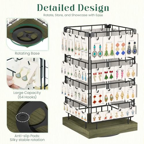 EsLuker.ly Rotating Earring Display Holder Stand for Vendors Events Selling, Large Capacity 64 Hooks Jewelry Rack with Wooden Base for Earring Card Sales, Enhances Retail Visibility(Rustic Gray) - color: Rustic Gray+Black