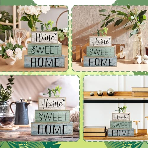 Moucuny 4 Pcs Wooden Farmhouse Table Decor Rustic Home Sweet Home Stacked Blocks Decoration Farmhouse Tiered Tray Decor Decorative Eucalyptus Block Signs Gift for Kitchen Shelf Coffee Table - style: Eucalyptus