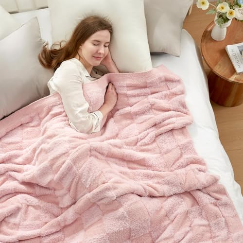 Snuggle Sac Checkered Throw Blanket,Fluffy Faux Fur Knitted with Soft Microfiber Warm Throw Blankets for Couch, Sofa, Chair, Bed, Camping, Picnic, Travel, Solid Pink, 50x60 inches - color: Solid Pink, size: Throw(50"x60")