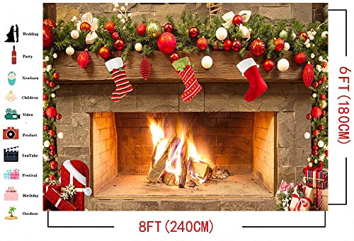Mocsicka Christmas Fireplace Theme Backdrop for Photography Xmas Tree Sock Gift Family Party Decorations Wallpaper Winter Christmas Birthday Holiday Banner Studio Booth (8x6ft) - size: 8x6ft