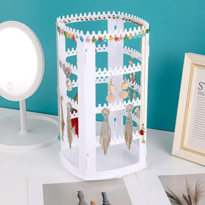 Sooyee White Earring Organizer,360 Rotating Earring Holder,4 Tiers Jewelry Rack Display Classic Stand, 156 Holes and 160 Grooves for Necklaces Earrings Piercings - color: White