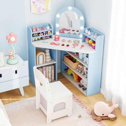 Costzon Kids Vanity with Lights, Corner Vanity Desk with Mirror, Storage Shelves, Wooden Princess Toddler Makeup Dressing Table, Kids Vanity Table and Chair Set for Little Girls (Blue) - style: Blue with Corner Design