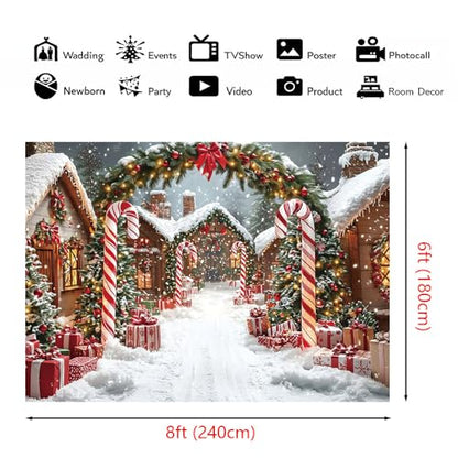AIBIIN 8x6ft Winter Christmas Village Backdrop Snowy Candy Cane Lane with Christmas Trees Winter Wonderland Holiday Photography Background for Birthday Party Baby Shower Vinyl Studio Props - color: Christmas Village, size: 8x6ft