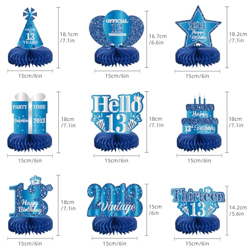 9Pcs 13th Birthday Decorations Blue Silver 13th Birthday Party Decorations for Teens Boys Girls,Happy 13 Years Birthday Honeycomb Centerpieces Table Sign Decor Supplies - color: Blue Silver 13th